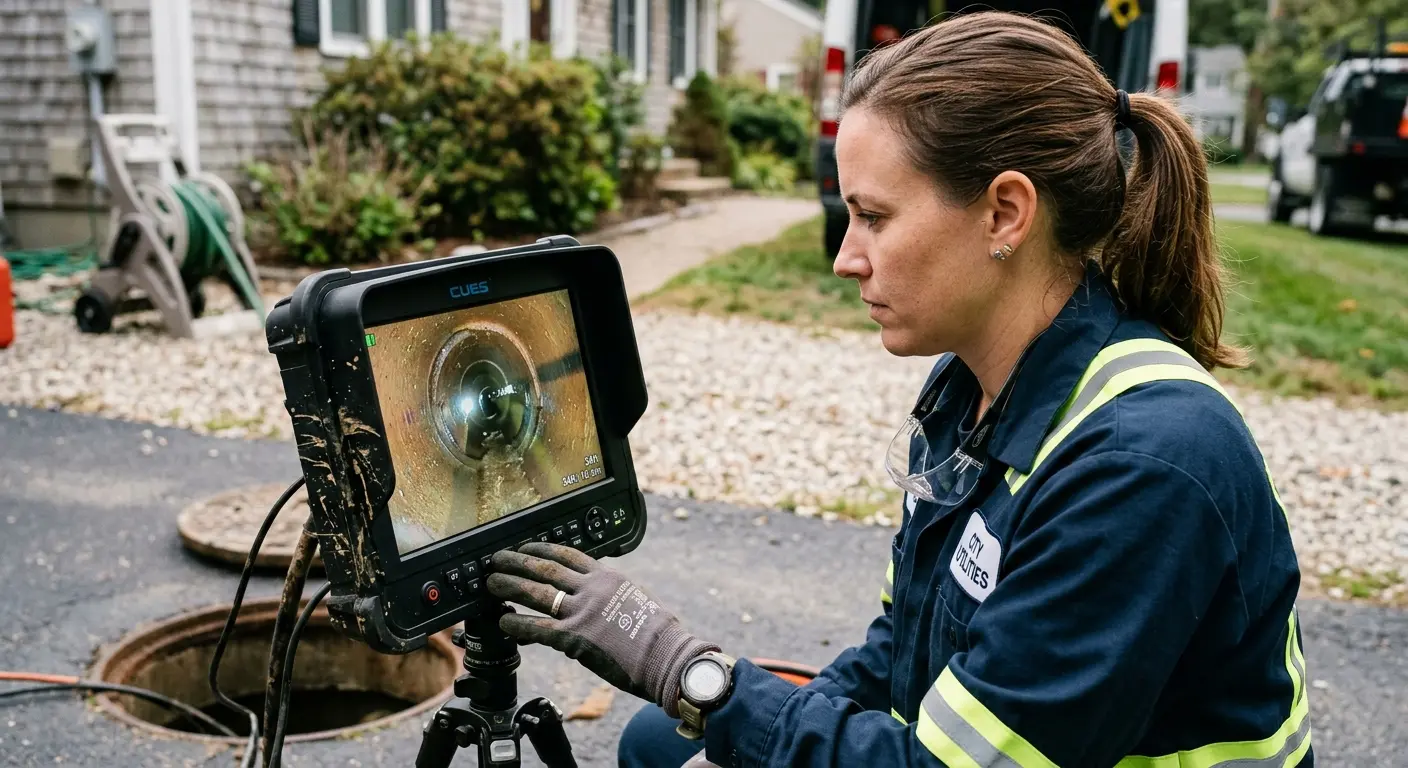 Technician reviewing sewer camera inspection footage in Plantation