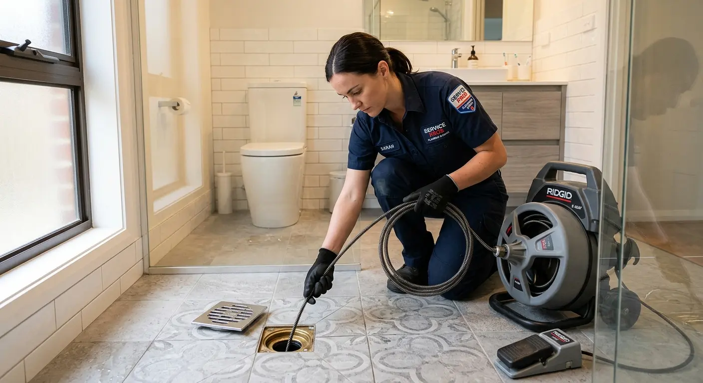 Technician clearing a bathroom floor drain for Drain Repair in Plantation